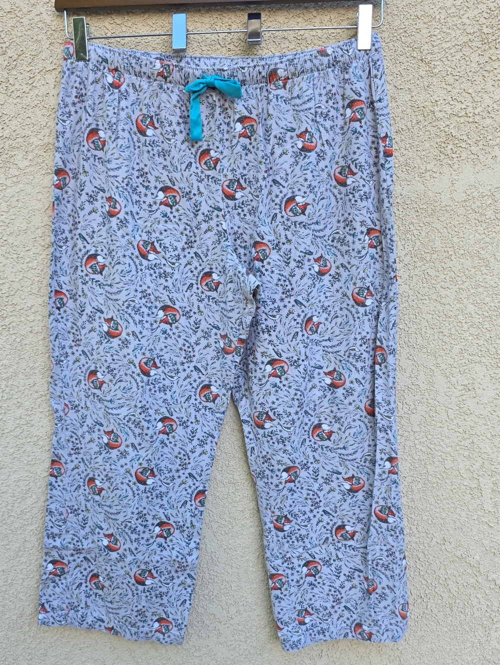 Women's Grey Fox-Print Pajama Pants with Teal Drawstring 100% Cotton XXL